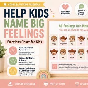 May include: An emotions chart for kids with the text "Help Kids Name Big Feelings." The chart includes illustrations of various emotions like happy, sad, and angry. It also features text about building emotional awareness and reducing tantrums.