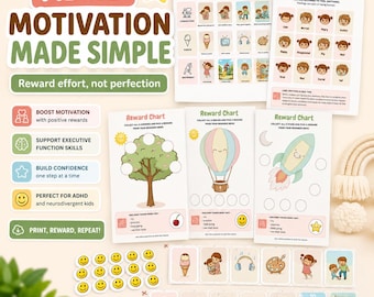 Könnte beinhalten: Ein Set aus ADHS-Motivations-Belohnungstabellen und Karten mit Illustrationen eines Baums, eines Heißluftballons und einer Rakete. Der Text umfasst ADHD MOTIVATION MADE SIMPLE, Reward Menu, All Feelings und Reward Chart mit Symbolen.