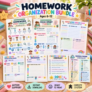 May include: A homework organisation bundle for ages 6-12 featuring seven colourful printable sheets including a start checklist, focus sprint tracker, brain dump, prioritisation board, assignment breakdown, finished checklist, and backpack packing list.