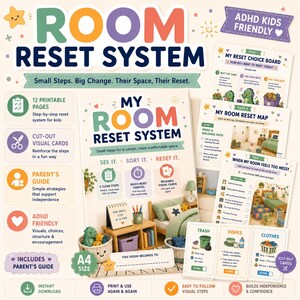 May include: A printable Room Reset System for kids featuring colorful A4 pages, visual cards, and a parent's guide. The system includes checklists, a room reset map, and cut-out cards with illustrations of tasks like trash, dishes, and clothes.