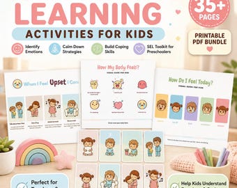 Könnte beinhalten: Ein druckbares PDF-Paket mit über 35 Seiten für sozial-emotionales Lernen bei Kindern. Das Set enthält visuelle Anleitungen mit den Titeln When I Feel Upset I Can, How My Body Feels und How Do I Feel Today sowie illustrierte Karten.