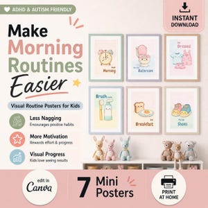 Puede incluir: Un conjunto de siete mini pósteres ilustrados para las rutinas matutinas de los niños. Los pósteres incluyen imágenes para "Good Morning", "Bathroom", "Get Dressed", "Brush Teeth", "Breakfast" y "Put on Shoes". Se muestra el texto "Make Morning Routines Easier".