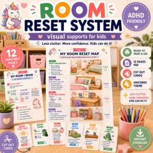 May include: A Room Reset System printable kit featuring a unicorn theme, including a My Room Reset Map, My Room I Begin starter guide, and cut-out cards. The pages contain checklists and instructions for organising a bedroom, with colourful graphics.