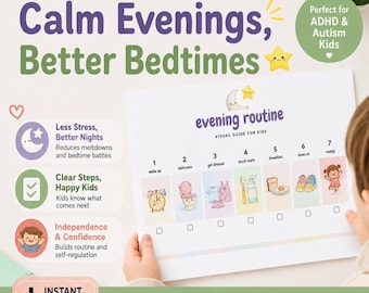 Könnte beinhalten: Ein visueller Leitfaden für Kinder mit dem Text "Calm Evenings, Better Bedtimes". Der Leitfaden enthält eine Abendroutine mit 7 Schritten, wie Aufwachen, Zähneputzen und Fertigmachen. Der Leitfaden ist für Kinder mit ADHS und Autismus konzipiert.