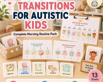Könnte beinhalten: Ein Set visueller Hilfsmittel für autistische Kinder, mit Karten mit Illustrationen für Morgenroutinen. Das Set enthält eine Morgenroutine-Tafel und Karten mit dem Text "Calmer Transitions for Autistic Kids".