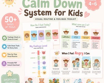 Könnte beinhalten: Ein umfassendes Set an visuellen Hilfsmitteln für Kinder im Alter von 4-6 Jahren, zur Förderung des emotionalen Managements. Das Bundle enthält Diagramme, Poster und Ausschneidekarten mit dem Text "Calm Down System for Kids".