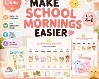 Könnte beinhalten: Ein komplettes Set visueller Hilfsmittel für Kinder im Alter von 4-6 Jahren, um Morgenroutinen zu vereinfachen. Enthält Routine-Charts, visuelle Poster und Ausstanzkarten. Das Design zeigt eine Sonne und den Text "Make School Mornings Easier."