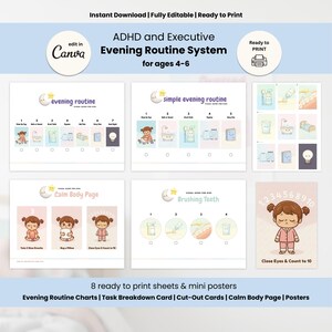 以下が含まれることがあります： 4～6歳のお子様向けの、印刷可能な夜のルーチンチャートとミニポスターのコレクション。シートには、就寝時のタスク、落ち着いた体のページ、歯磨きチャートの視覚ガイドが含まれています。テキストは「ADHD and Executive Evening Routine System」と書かれています。