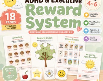 Könnte beinhalten: Ein komplettes Bundle für ADHS und Exekutivfunktionen, ein Belohnungssystem für Kinder im Alter von 4-6 Jahren. Enthält 18 Seiten mit Belohnungstabellen, Token-Sets und einem Elternratgeber. Mit einer Sonne- und Wolkengrafik und dem Text "We Can Try Again Tomorrow".