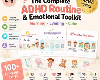 Könnte beinhalten: Ein umfassendes Set für ADHS-Routinen und emotionale Unterstützung für Kinder im Alter von 4-6 Jahren. Enthält Morgen-, Abend- und Ruhe-Routinen, druckbare Seiten, Ausschneidekarten, Poster, Visualisierungen und ein Bonusspiel.