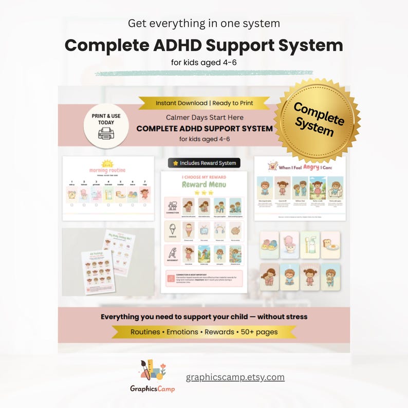 Pode incluir: Um sistema completo de apoio para crian&ccedil;as com TDAH com idades entre 4 e 6 anos, com menus de recompensas e tabelas de rotina imprim&iacute;veis. O design inclui o texto "Complete ADHD Support System" e "Instant Download | Ready to Print". O produto apoia crian&ccedil;as com rotinas, emo&ccedil;&otilde;es e recompensas.
