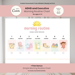 May include: A morning routine chart for children aged 4-6, designed for those with ADHD. The chart features visual prompts for each step, including waking up, brushing teeth, and getting dressed. The chart is fully editable and ready to print.