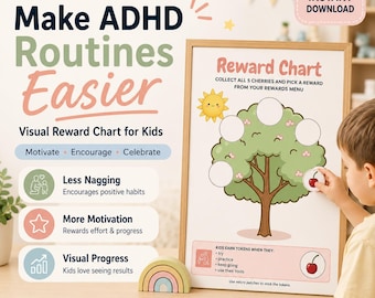 Könnte beinhalten: Ein gerahmtes visuelles Belohnungsdiagramm für Kinder mit dem Text "Make ADHD Routines Easier". Das Diagramm zeigt ein Baumdesign mit Feldern zum Sammeln von Kirschen. Enthält den Text "Sofort-Download" und "Geliebt von Eltern".