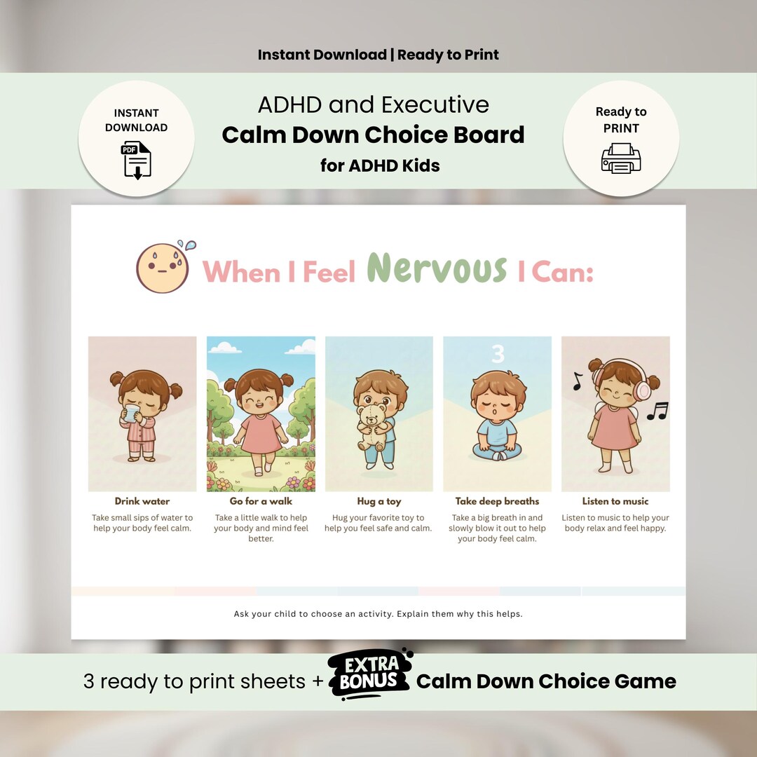 Calm Down Choice Board for ADHD Kids | Emotional Regulation Chart ...
