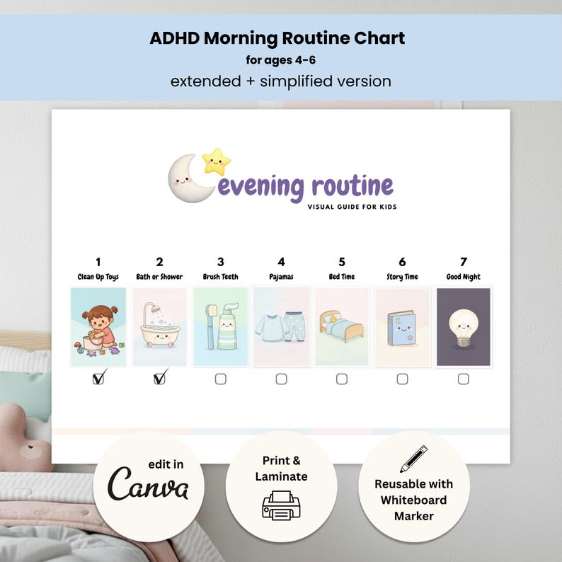 ADHD Bedtime Routine System for Kids | Executive Visual Schedule & Calm ...