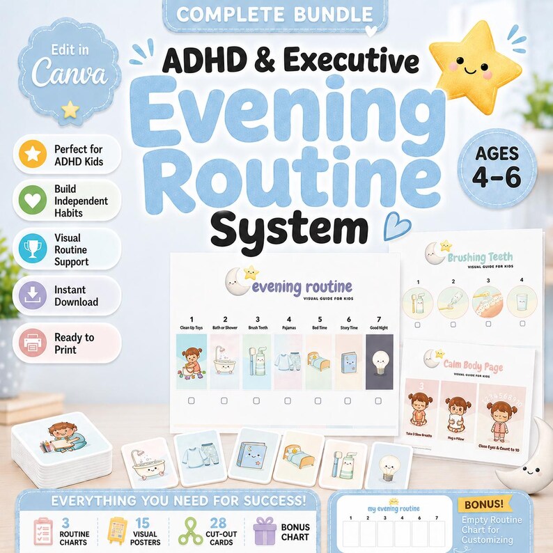 ADHD Bedtime Routine System for Kids | Executive Visual Schedule & Calm ...
