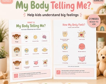 Könnte beinhalten: Zweiseitiges druckbares Set mit dem Titel „My Body Telling Me?“ und „How My Body Feels?“, das Kindern helfen soll, große Gefühle zu verstehen. Enthält Illustrationen von Emotionen wie Müdigkeit, Traurigkeit und Wut. Geeignet für ADHS und Autismus.