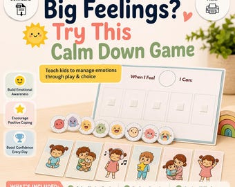 Könnte beinhalten: Ein Spiel zur Beruhigung für Kinder im Alter von 4-6 Jahren mit ADHS und Autismus. Das Spiel beinhaltet ein Gefühlsboard, Karten zur Auswahl der Ruhe und ein Spiel zur Bewältigung von Fähigkeiten. Der Text auf dem Spiel lautet "Big Feelings? Try This Calm Down Game".