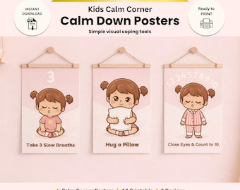 Könnte beinhalten: Drei rosa Poster mit Illustrationen eines Kindes, das Beruhigungstechniken demonstriert. Auf den Postern steht "Take 3 Slow Breaths", "Hug a Pillow" und "Close Eyes & Count to 10". Der Text "Kids Calm Corner Calm Down Posters" ist ebenfalls sichtbar.