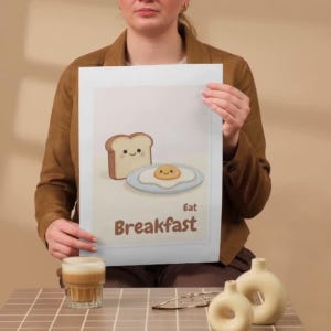 Pode incluir: Uma impress&atilde;o com uma ilustra&ccedil;&atilde;o de desenho animado de caf&eacute; da manh&atilde;. A imagem inclui uma fatia de p&atilde;o e um ovo frito com rostos sorridentes. As palavras "Eat Breakfast" est&atilde;o escritas em texto marrom abaixo.