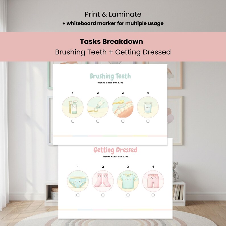Pode incluir: Um guia visual laminado para crian&ccedil;as, com uma divis&atilde;o de tarefas: escovar os dentes e vestir-se. O guia inclui ilustra&ccedil;&otilde;es e etapas numeradas para cada atividade, com o texto "Print & Laminate" e "Tasks Breakdown".