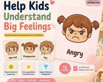 Könnte beinhalten: Lernkarten für Kinder mit dem Text "Help Kids Understand Big Feelings". Die Karten zeigen Illustrationen von Kindern, die Emotionen wie Wut, Sorge und Schüchternheit ausdrücken. Das Set enthält 12 Karten und ist für den Einsatz zu Hause, in der Schule und in der Therapie konzipiert.