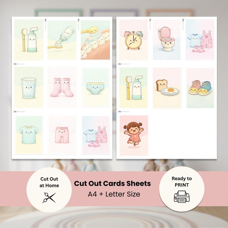 Pode incluir: Folhas de cart&otilde;es recort&aacute;veis com ilustra&ccedil;&otilde;es em aquarela de objetos do dia a dia, como escova de dentes, pasta de dente e roupas. Os cart&otilde;es s&atilde;o em tamanho A4 e Carta, com o texto "Cut Out Cards Sheets" e "Ready to Print".