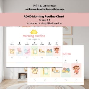Pode incluir: Gr&aacute;fico de rotina matinal para crian&ccedil;as com TDAH, para idades de 4 a 6 anos, para imprimir e plastificar. Inclui guias visuais com ilustra&ccedil;&otilde;es para as atividades matinais.