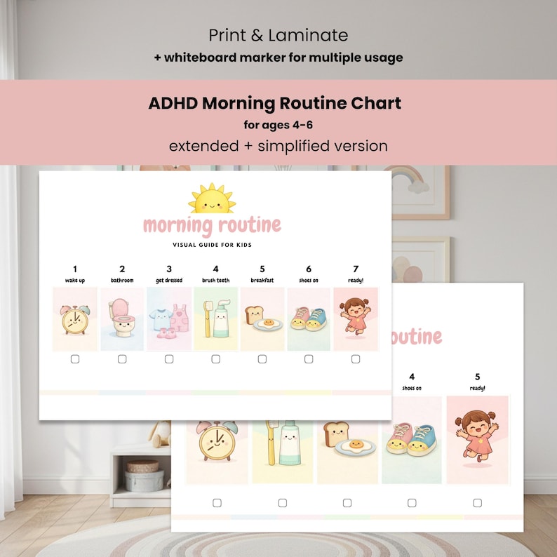 Pode incluir: Gr&aacute;fico de rotina matinal para crian&ccedil;as com TDAH, para idades de 4 a 6 anos, para imprimir e plastificar. Inclui guias visuais com ilustra&ccedil;&otilde;es para as atividades matinais.