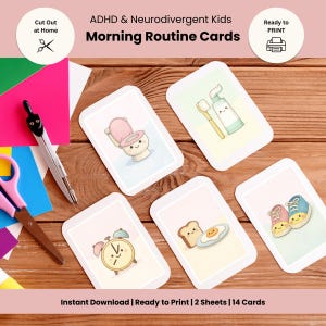 May include: A set of six illustrated morning routine cards for ADHD and neurodivergent kids. The cards feature images of a toilet, toothbrush, alarm clock, breakfast, and shoes. The cards are ready to print and cut out at home.