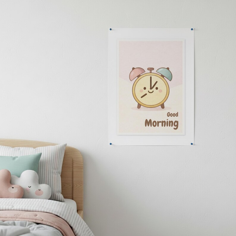 Pode incluir: Uma impress&atilde;o emoldurada com um despertador de desenho animado com um rosto sorridente, sinos rosa e azuis e as palavras "Good Morning". A obra de arte &eacute; exibida em uma parede branca acima de uma cama com travesseiros decorativos.