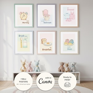 Pode incluir: Um conjunto de sete mini-p&ocirc;steres emoldurados com ilustra&ccedil;&otilde;es em tons pastel para o quarto de uma crian&ccedil;a. Cada impress&atilde;o apresenta uma atividade di&aacute;ria diferente, como "Good Morning" com um rel&oacute;gio, "Eat Breakfast" com torradas e ovo e "Put On Shoes".