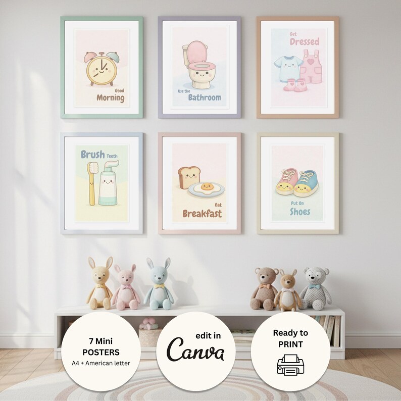 Pode incluir: Um conjunto de sete mini-p&ocirc;steres emoldurados com ilustra&ccedil;&otilde;es em tons pastel para o quarto de uma crian&ccedil;a. Cada impress&atilde;o apresenta uma atividade di&aacute;ria diferente, como "Good Morning" com um rel&oacute;gio, "Eat Breakfast" com torradas e ovo e "Put On Shoes".