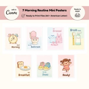 Pode incluir: Sete mini cartazes com o tema da rotina matinal. Cada cartaz apresenta uma ilustra&ccedil;&atilde;o de desenho animado de uma atividade matinal, como escovar os dentes, vestir-se e tomar o pequeno-almo&ccedil;o. O texto "7 Morning Routine Mini Posters" est&aacute; no topo.