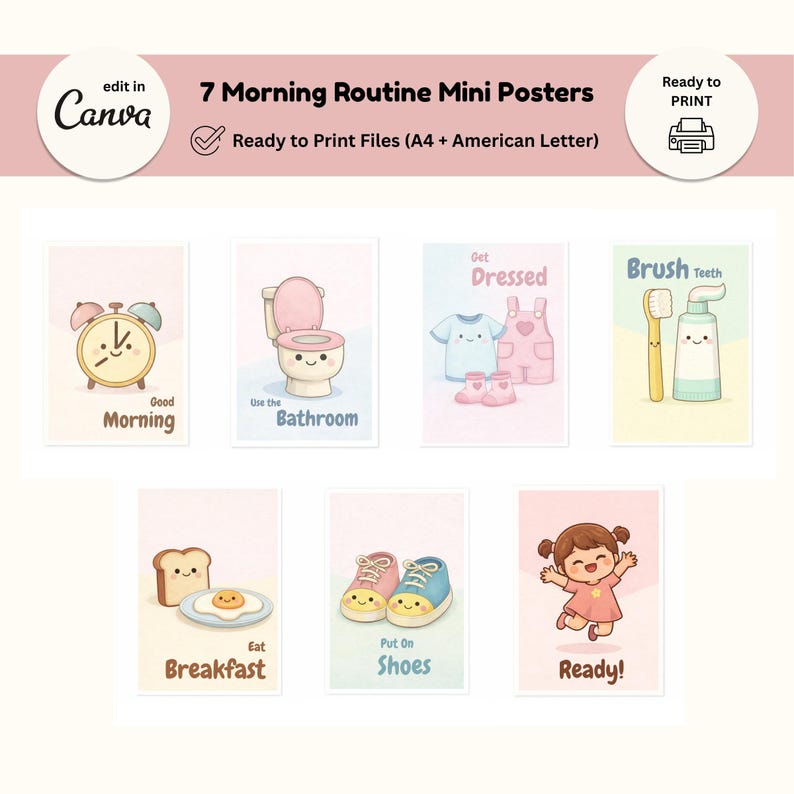 Pode incluir: Sete mini cartazes com o tema da rotina matinal. Cada cartaz apresenta uma ilustra&ccedil;&atilde;o de desenho animado de uma atividade matinal, como escovar os dentes, vestir-se e tomar o pequeno-almo&ccedil;o. O texto "7 Morning Routine Mini Posters" est&aacute; no topo.