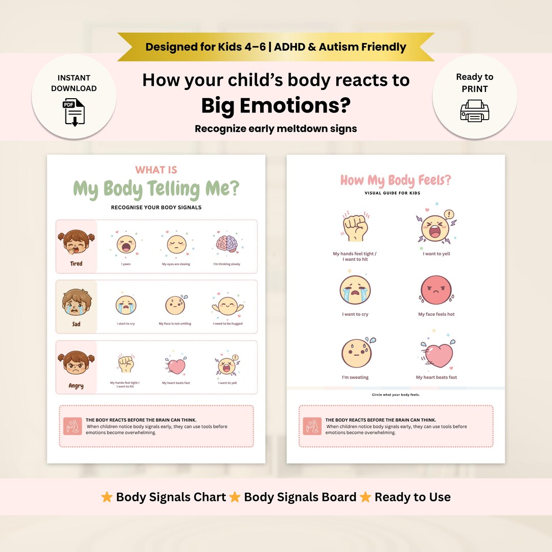Body Signals Chart for Kids, ADHD Autism Support, Emotional Awareness ...