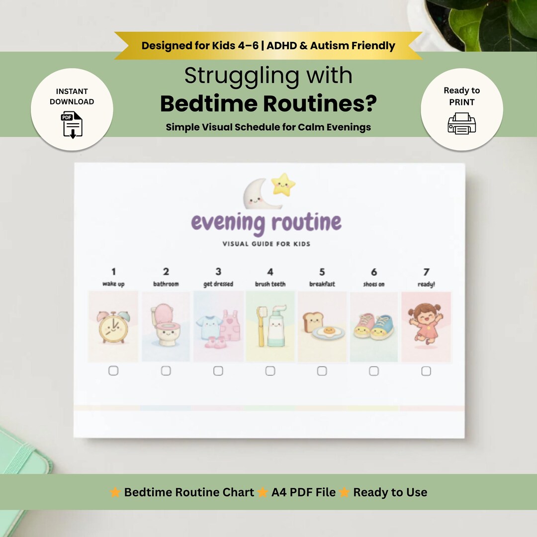 Bedtime Routine Printable for Kids, ADHD Visual Schedule, Autism Sleep ...