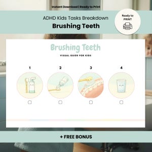 Może przedstawiać: Wizualny przewodnik dla dzieci, szczegółowo opisujący kroki szczotkowania zębów. Przewodnik zawiera ilustracje szczoteczki do zębów, pasty do zębów, szczotkowania zębów i szklanki wody. Tekst zawiera "ADHD Kids Tasks Breakdown" i "Brushing Teeth".