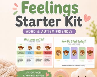 Könnte beinhalten: Ein "Gefühle Starter Kit" mit dem Text "Helfen Sie Kindern, große Gefühle zu verstehen und zu bewältigen". Das Set enthält visuelle Hilfsmittel zum Ausdruck von Gefühlen, mit Karten, die verschiedene emotionale Zonen veranschaulichen.