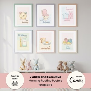 Könnte beinhalten: Sieben gerahmte Poster mit Cartoon-Illustrationen für eine Morgenroutine, darunter ein Wecker, eine Toilette, eine Zahnbürste, Frühstück, Kleidung und Schuhe. Der Text lautet "Good Morning", "Use the Bathroom", "Brush Teeth", "Eat Breakfast", "Get Dressed" und "Put on Shoes".