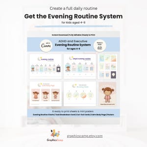 Pode incluir: Um sistema de rotina noturna imprim&iacute;vel para crian&ccedil;as de 4 a 6 anos. O design inclui gr&aacute;ficos, cart&otilde;es de divis&atilde;o de tarefas e cartazes. O texto diz "Get the Evening Routine System" e "ADHD and Executive".