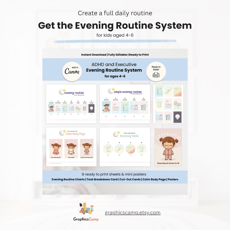 Pode incluir: Um sistema de rotina noturna imprim&iacute;vel para crian&ccedil;as de 4 a 6 anos. O design inclui gr&aacute;ficos, cart&otilde;es de divis&atilde;o de tarefas e cartazes. O texto diz "Get the Evening Routine System" e "ADHD and Executive".