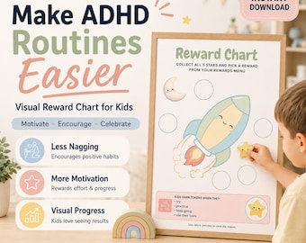 Könnte beinhalten: Ein visuelles Belohnungssystem für Kinder mit dem Text "Make ADHD Routines Easier". Die Tafel zeigt eine Rakete und Mond-Grafik mit Platz für Stern-Token. Es soll motivieren, ermutigen und Fortschritte feiern.