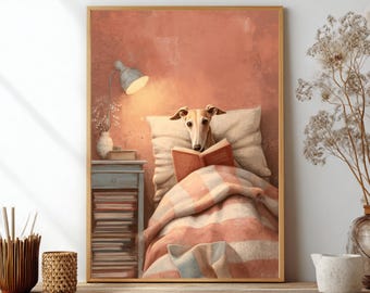 Whippet Reading in Bed Poster, Greyhound Wall Art, Dog Reading Book Print, Cottagecore Reading Nook Decor, Book Lover Gift