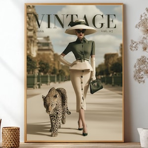 Vintage Paris Fashion Magazine Cover Print, Leopard Wall Art, 1950s Fashion Illustration, High Society Art, Vintage Poster, Retro Chic Decor