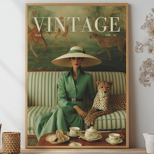 Vintage Fashion Art Print, 1950s Glamour Poster, Cheetah Wall Art, Sage Green Decor, Retro Magazine Cover Art, Gift for Her, Framed Art