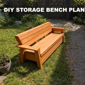Puede incluir: Un banco de almacenamiento de madera de color marrón claro con respaldo de listones y reposabrazos planos. El texto DIY STORAGE BENCH PLANS aparece en letras blancas mayúsculas en la parte superior, indicando una guía para construirlo.