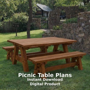 May include: A wooden picnic table with two attached benches featuring a rectangular tabletop and sturdy A-frame legs. The text "Picnic Table Plans Instant Download Digital Product" is overlaid on the image of the outdoor furniture set.