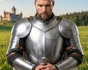 Medieval Silver Steel Chestplate with Pauldrons Set, Knight Armor Cuirass, LARP Gear,Front & Back Breastplate Halloween costume