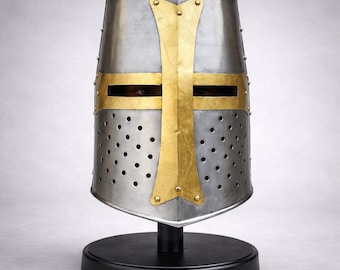 Templar Knight Great Helm, Medieval Steel Crusader Helmet, Handmade Halloween Helmet Gift for Enthusiasts